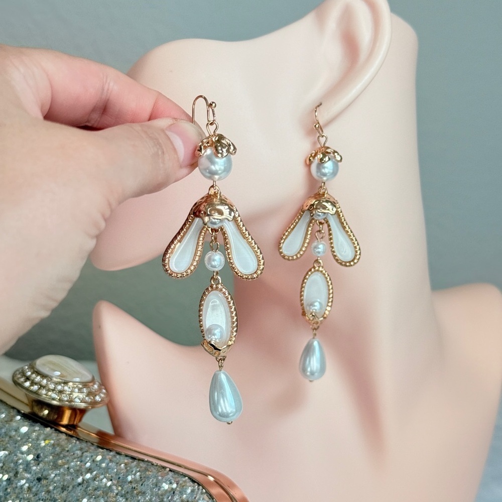 Gold and Pearl Dangle Earrings - Picture 5 of 6